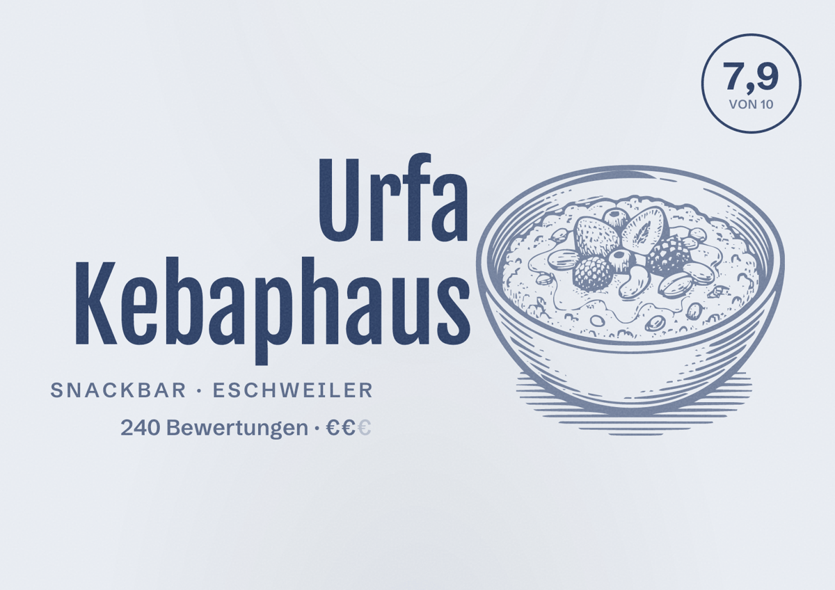 Illustriertes Poster von Urfa Kebaphaus, Snackbar in Eschweiler: Bewertung 7,9 von 10 aus 240 Bewertungen, Preisniveau €€