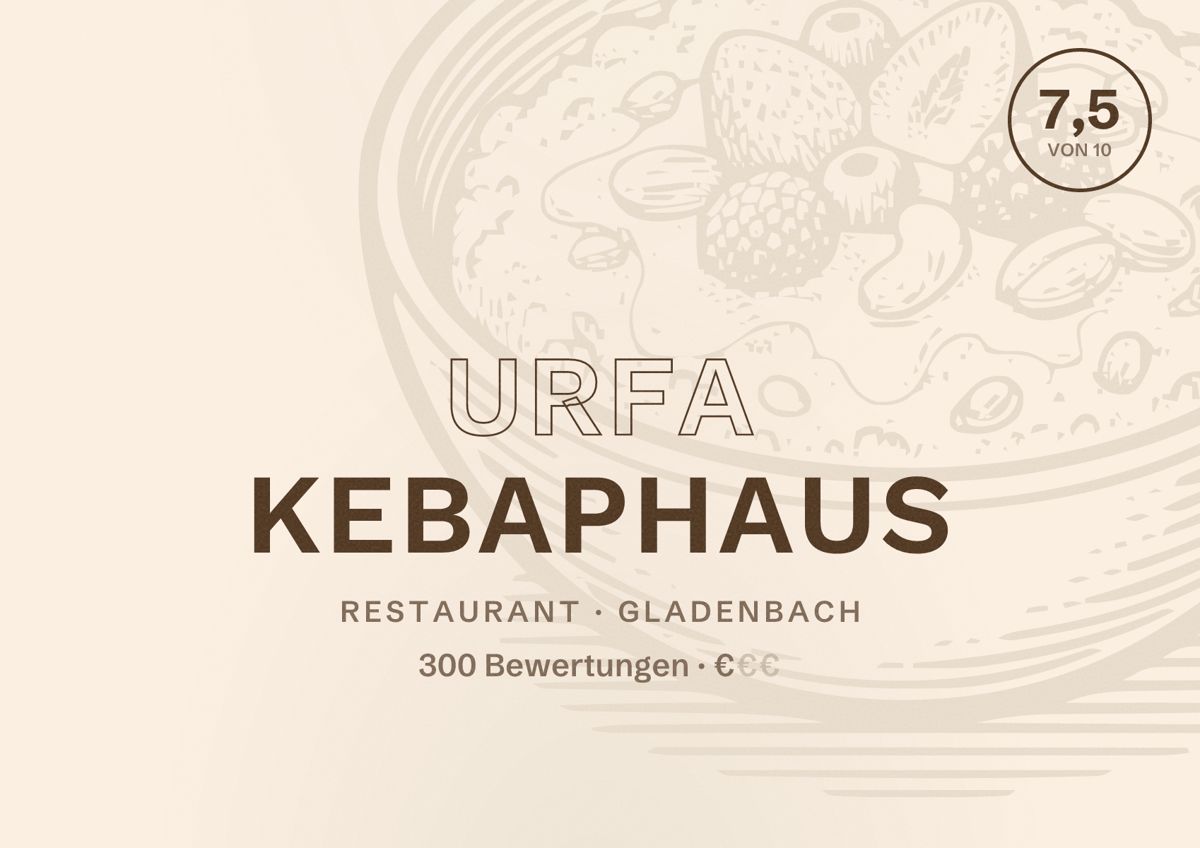 Illustriertes Poster von Urfa Kebaphaus, Restaurant in Gladenbach: Bewertung 7,5 von 10 aus 300 Bewertungen, Preisniveau €