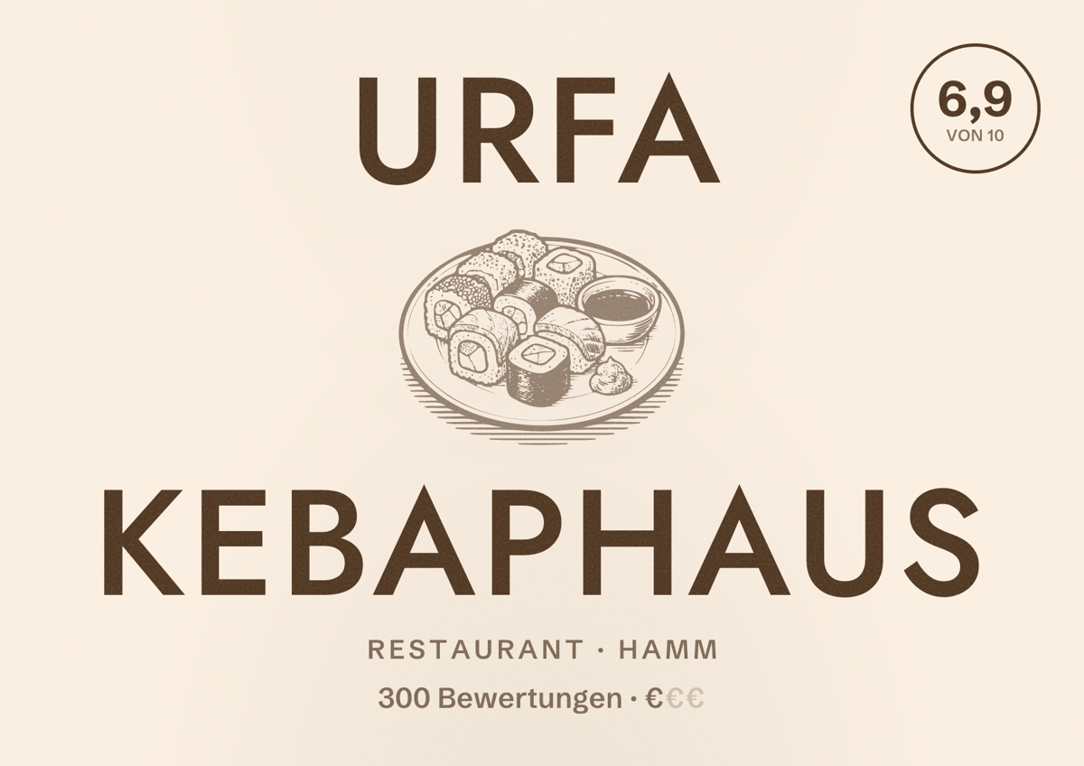 Illustriertes Poster von Urfa Kebaphaus, Restaurant in Hamm: Bewertung 6,9 von 10 aus 300 Bewertungen, Preisniveau €