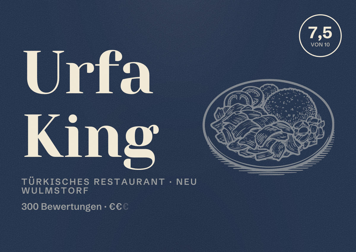 Illustriertes Poster von Urfa King, Türkisches Restaurant in Neu Wulmstorf: Bewertung 7,5 von 10 aus 300 Bewertungen, Preisniveau €€