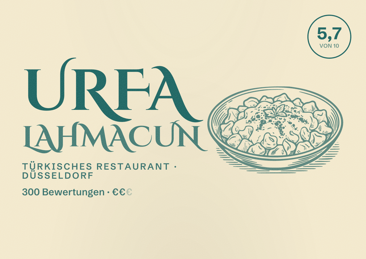 Illustriertes Poster von Urfa Lahmacun, Türkisches Restaurant in Düsseldorf: Bewertung 5,7 von 10 aus 300 Bewertungen, Preisniveau €€