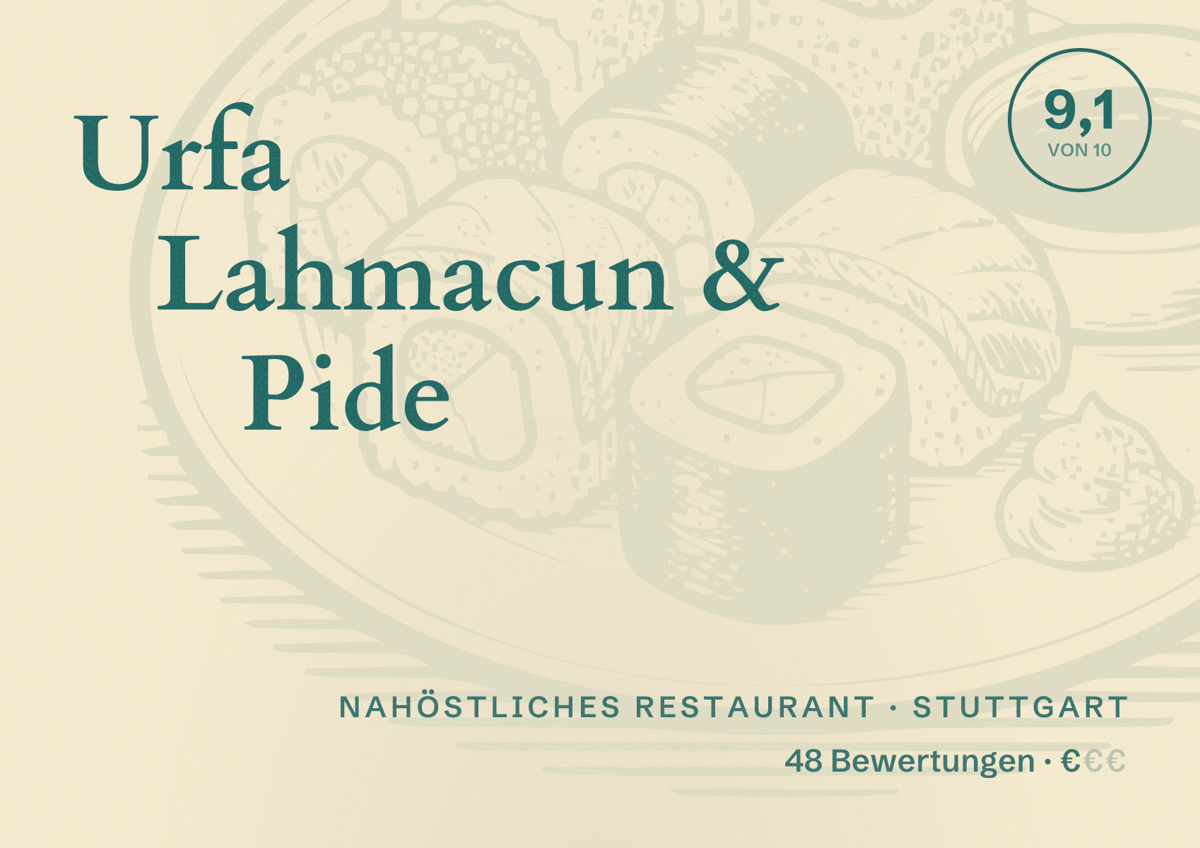 Illustriertes Poster von Urfa Lahmacun & Pide, Nahöstliches Restaurant in Stuttgart: Bewertung 9,1 von 10 aus 48 Bewertungen, Preisniveau €