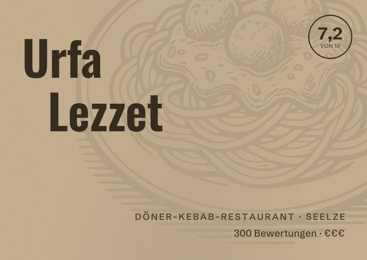 Illustriertes Poster von Urfa Lezzet, Döner-Kebab-Restaurant in Seelze: Bewertung 7,2 von 10 aus 300 Bewertungen, Preisniveau €€€