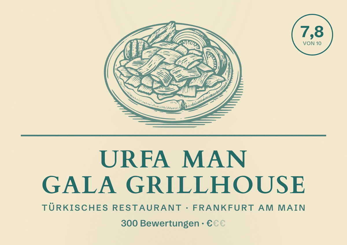 Illustriertes Poster von Urfa Man Gala Grillhouse, Türkisches Restaurant in Frankfurt am Main: Bewertung 7,8 von 10 aus 300 Bewertungen, Preisniveau €