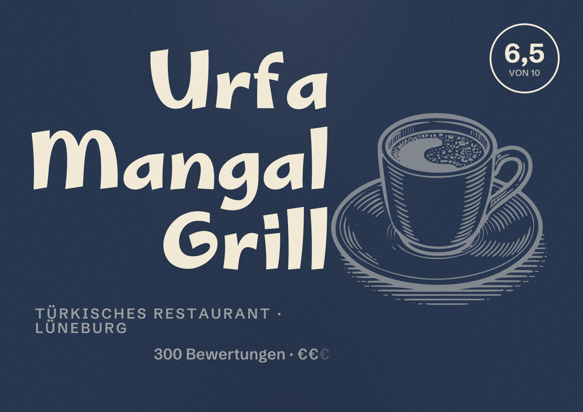 Illustriertes Poster von Urfa Mangal Grill, Türkisches Restaurant in Lüneburg: Bewertung 6,5 von 10 aus 300 Bewertungen, Preisniveau €€