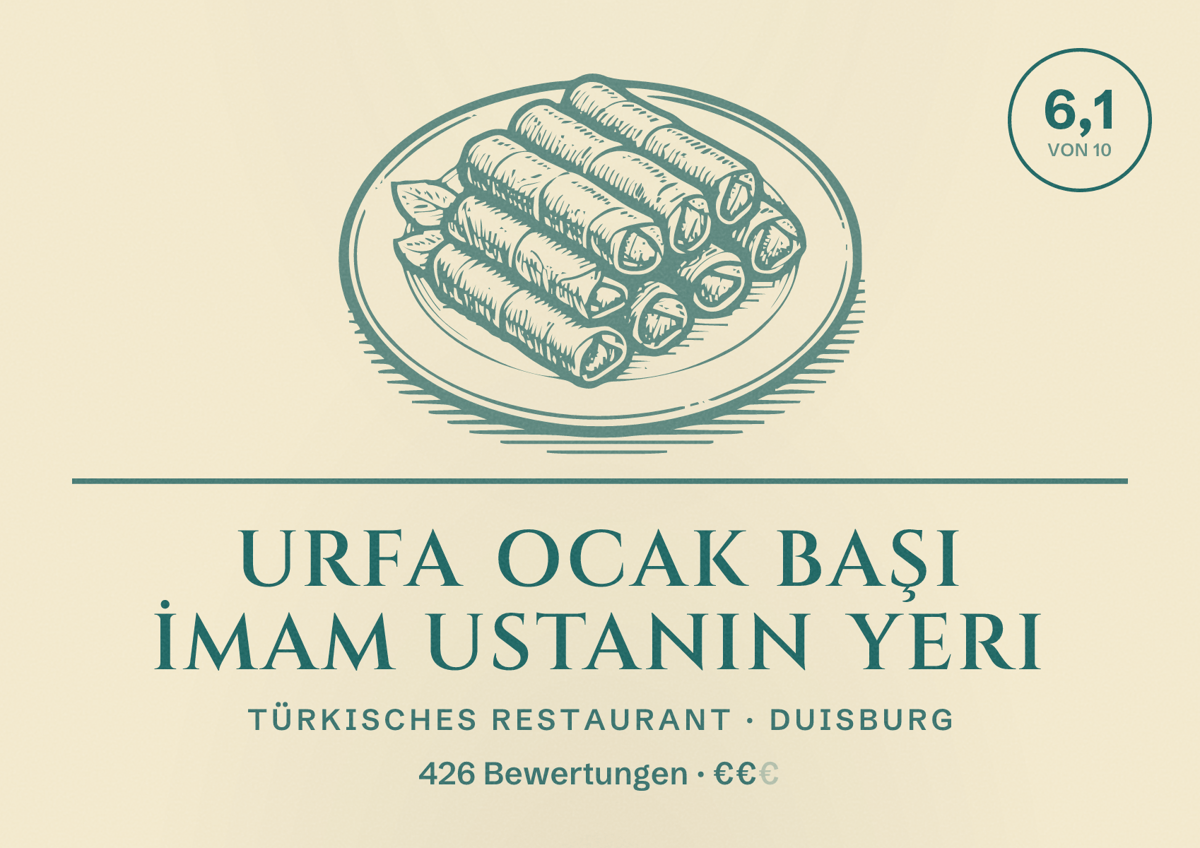 Illustriertes Poster von Urfa Ocak Başı İmam Ustanın Yeri, Türkisches Restaurant in Duisburg: Bewertung 6,1 von 10 aus 426 Bewertungen, Preisniveau €€
