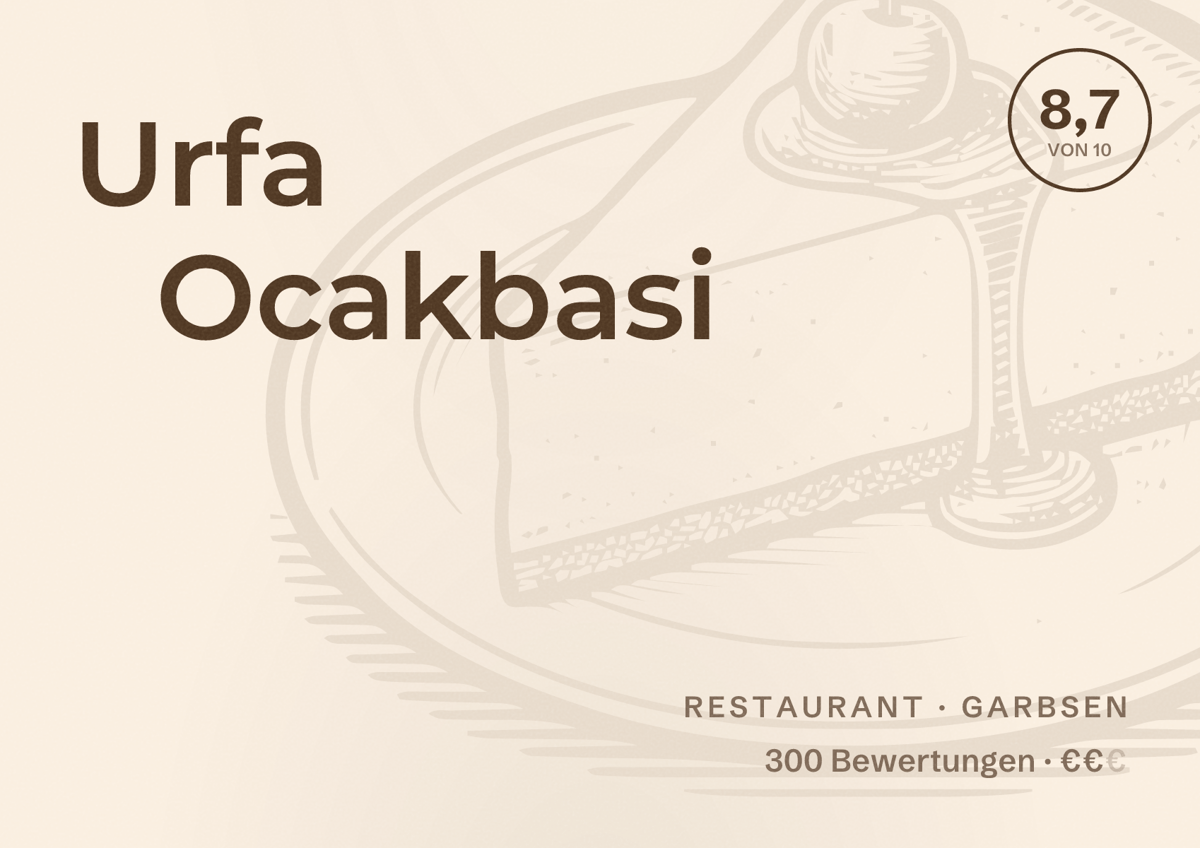 Illustriertes Poster von Urfa Ocakbasi, Restaurant in Garbsen: Bewertung 8,7 von 10 aus 300 Bewertungen, Preisniveau €€