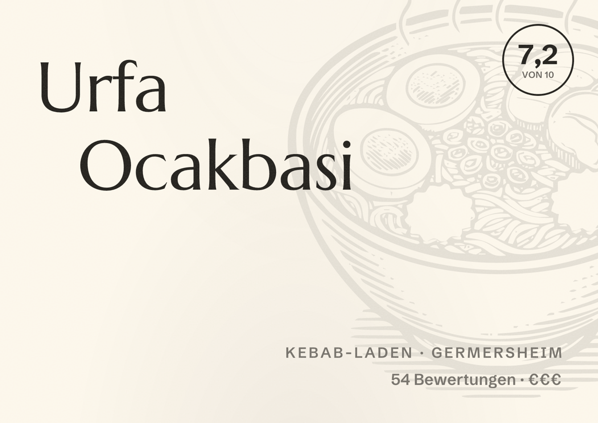 Illustriertes Poster von Urfa Ocakbasi, Kebab-Laden in Germersheim: Bewertung 7,2 von 10 aus 54 Bewertungen, Preisniveau €€€