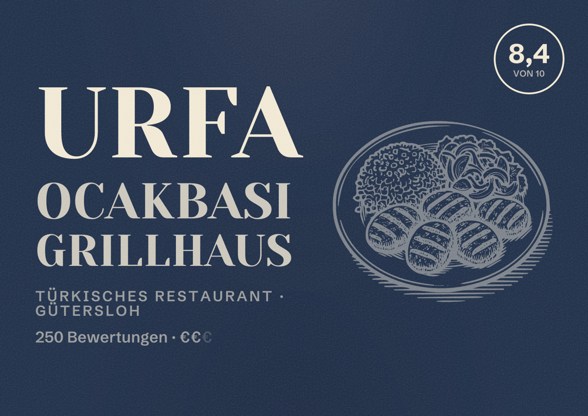 Illustriertes Poster von Urfa Ocakbasi Grillhaus, Türkisches Restaurant in Gütersloh: Bewertung 8,4 von 10 aus 250 Bewertungen, Preisniveau €€