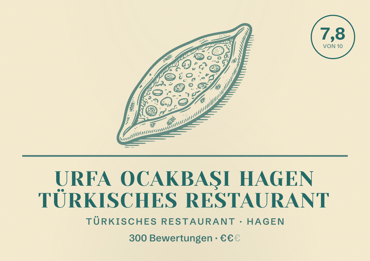 Illustriertes Poster von Urfa ocakbaşı Hagen Türkisches Restaurant, Türkisches Restaurant in Hagen: Bewertung 7,8 von 10 aus 300 Bewertungen, Preisniveau €€