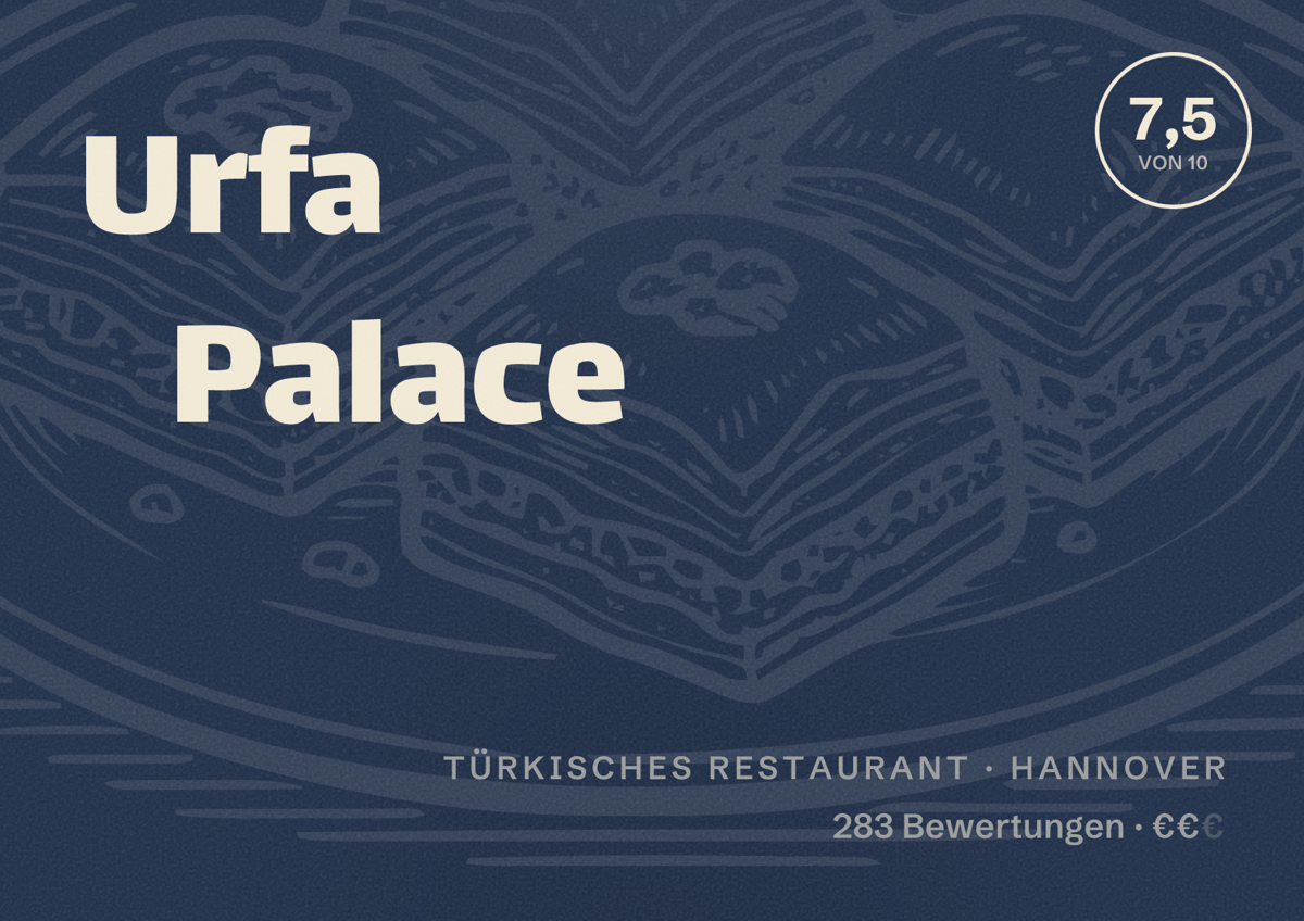 Illustriertes Poster von Urfa Palace, Türkisches Restaurant in Hannover: Bewertung 7,5 von 10 aus 283 Bewertungen, Preisniveau €€