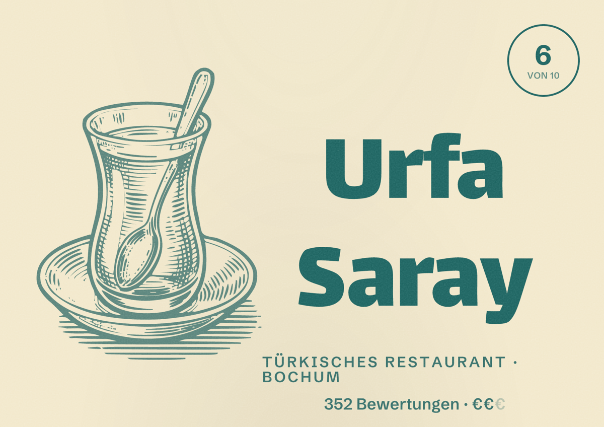 Illustriertes Poster von Urfa Saray, Türkisches Restaurant in Bochum: Bewertung 6 von 10 aus 352 Bewertungen, Preisniveau €€