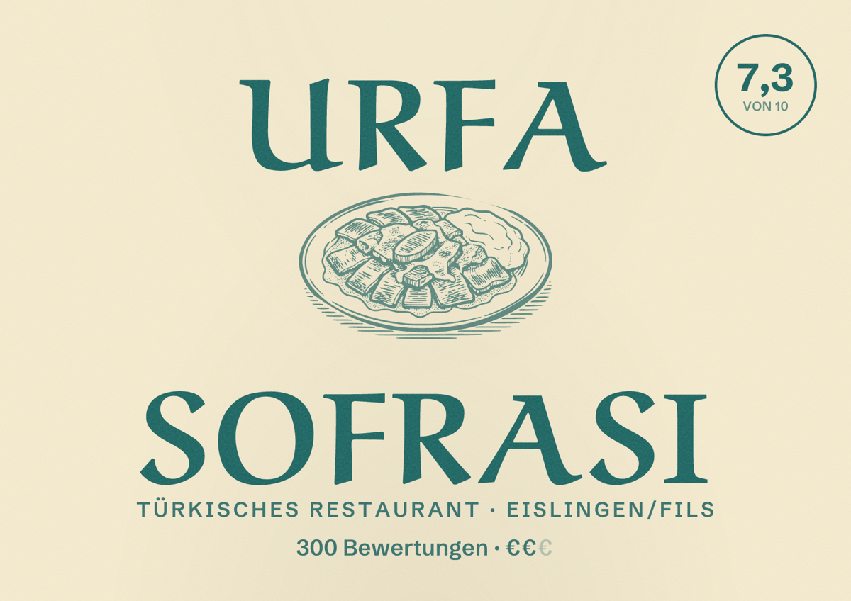 Illustriertes Poster von URFA SOFRASI, Türkisches Restaurant in Eislingen/Fils: Bewertung 7,3 von 10 aus 300 Bewertungen, Preisniveau €€
