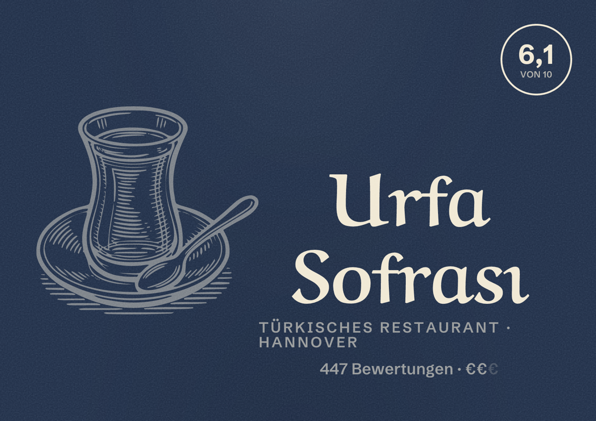 Illustriertes Poster von Urfa Sofrası, Türkisches Restaurant in Hannover: Bewertung 6,1 von 10 aus 447 Bewertungen, Preisniveau €€
