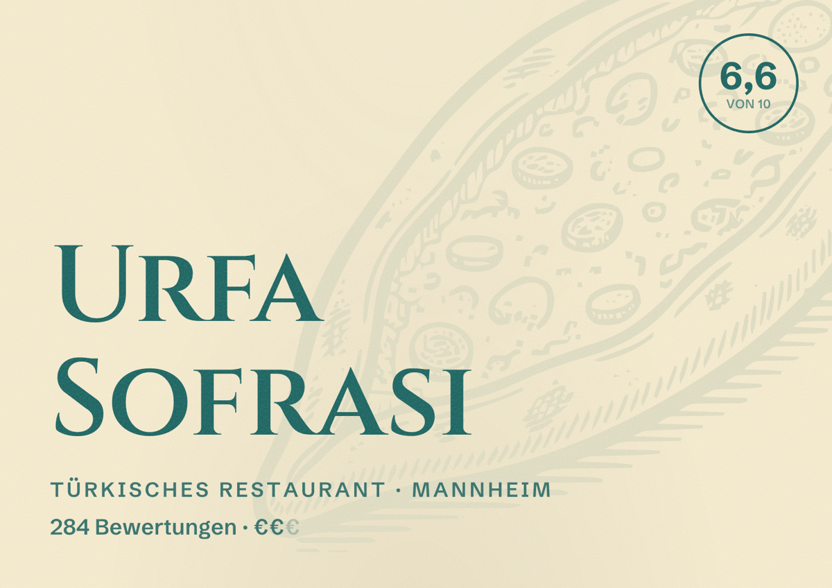 Illustriertes Poster von Urfa Sofrasi, Türkisches Restaurant in Mannheim: Bewertung 6,6 von 10 aus 284 Bewertungen, Preisniveau €€