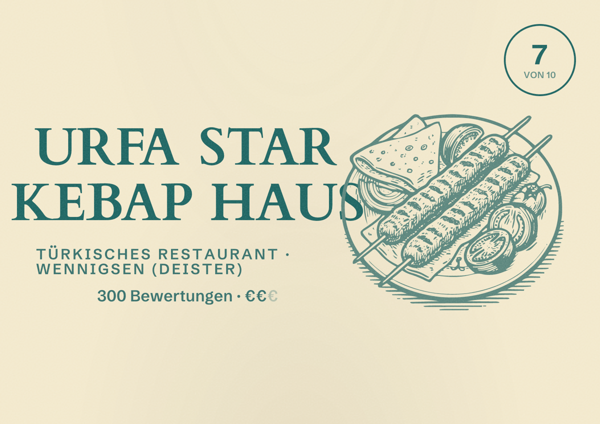 Illustriertes Poster von URFA STAR KEBAP HAUS, Türkisches Restaurant in Wennigsen (Deister): Bewertung 7 von 10 aus 300 Bewertungen, Preisniveau €€