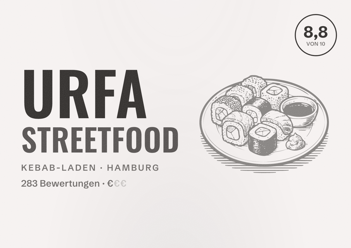 Illustriertes Poster von Urfa Streetfood, Kebab-Laden in Hamburg: Bewertung 8,8 von 10 aus 283 Bewertungen, Preisniveau €