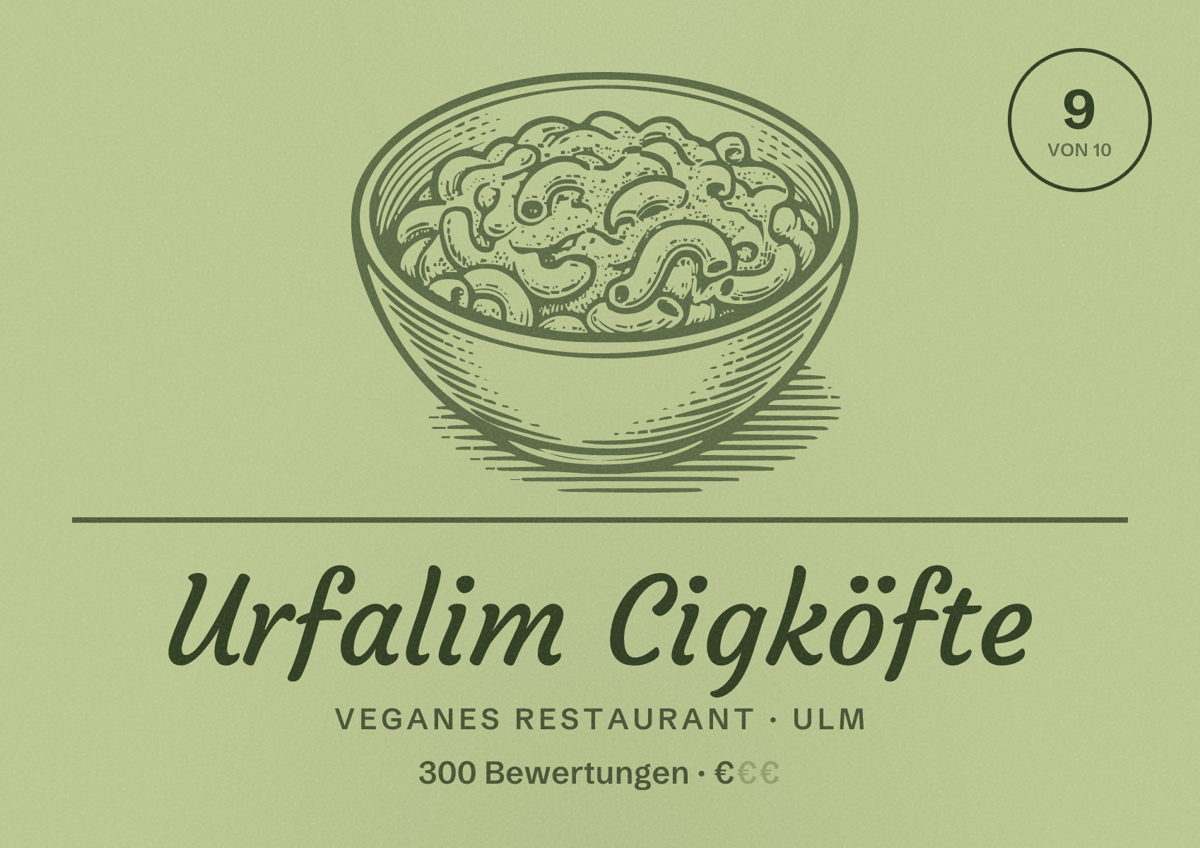 Illustriertes Poster von Urfalim Cigköfte, Veganes Restaurant in Ulm: Bewertung 9 von 10 aus 300 Bewertungen, Preisniveau €