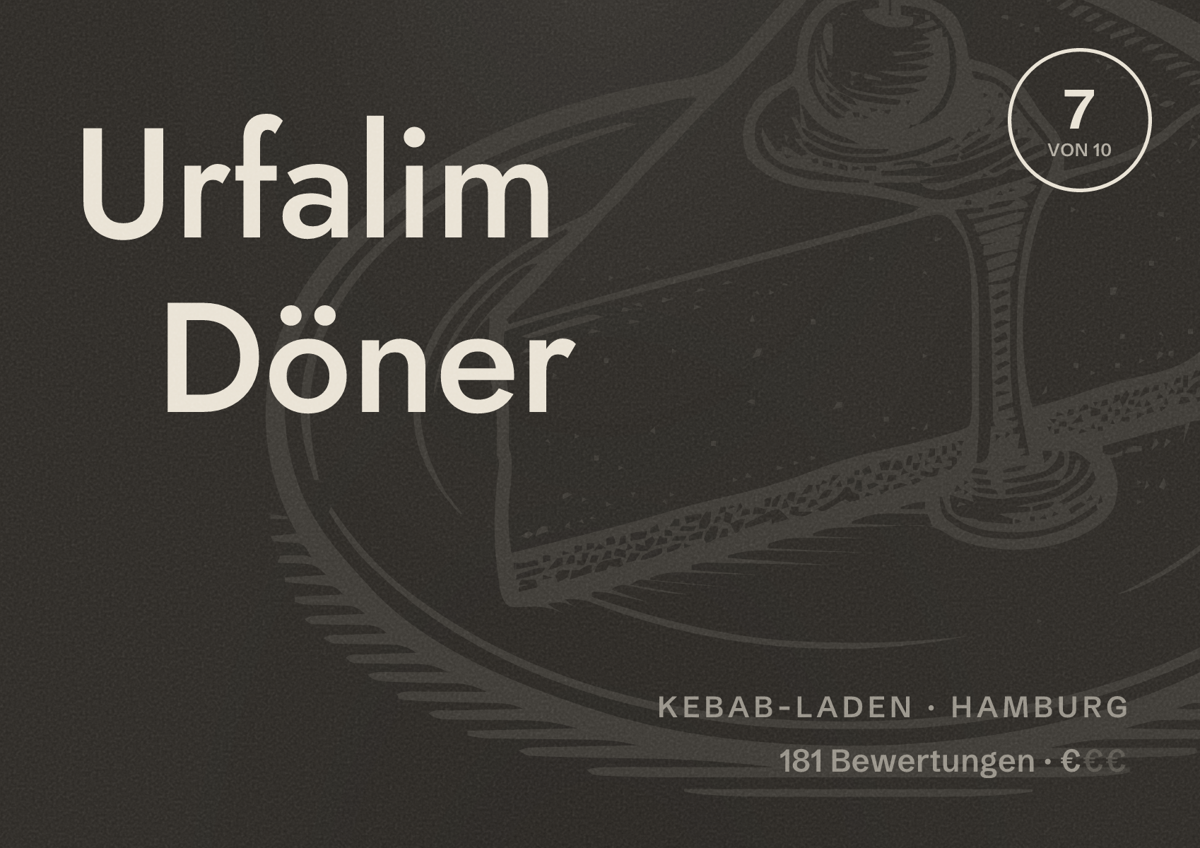 Illustriertes Poster von Urfalim Döner, Kebab-Laden in Hamburg: Bewertung 7,0 von 10 aus 181 Bewertungen, Preisniveau €