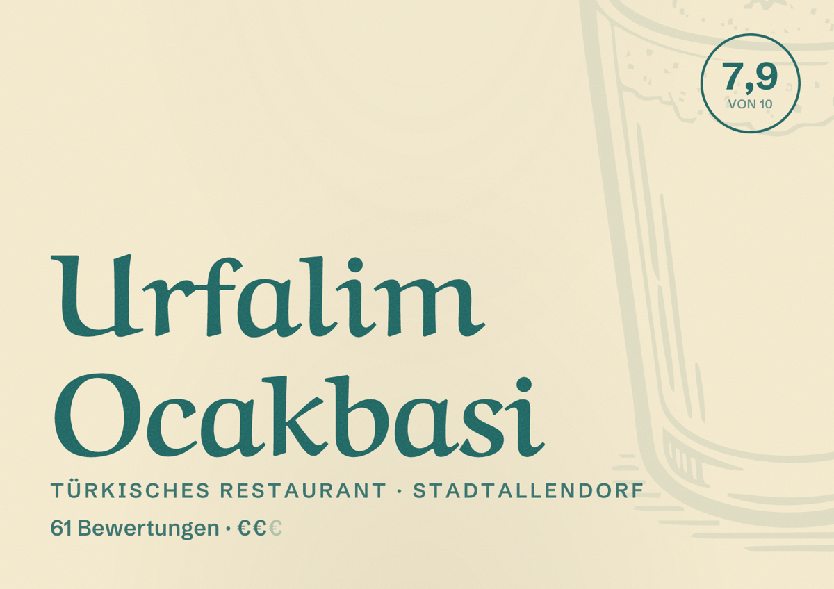 Illustriertes Poster von Urfalim Ocakbasi, Türkisches Restaurant in Stadtallendorf: Bewertung 7,9 von 10 aus 61 Bewertungen, Preisniveau €€