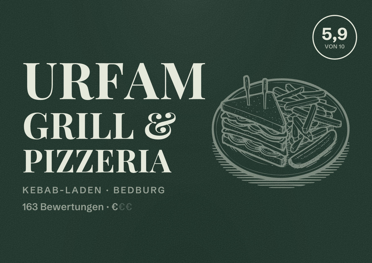 Illustriertes Poster von URFAM Grill & Pizzeria, Kebab-Laden in Bedburg: Bewertung 5,9 von 10 aus 163 Bewertungen, Preisniveau €