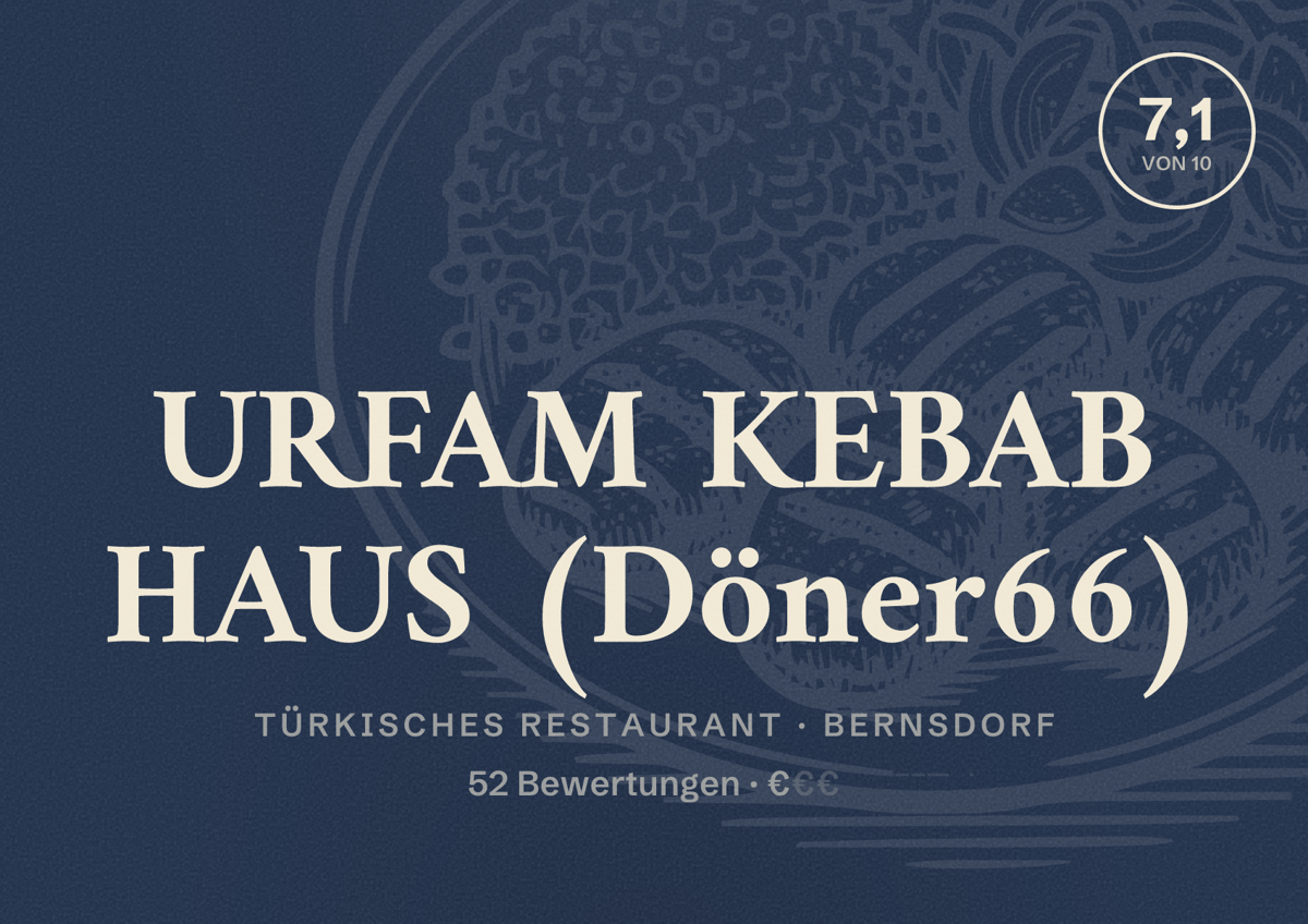 Illustriertes Poster von URFAM KEBAB HAUS (Döner66), Türkisches Restaurant in Bernsdorf: Bewertung 7,1 von 10 aus 52 Bewertungen, Preisniveau €