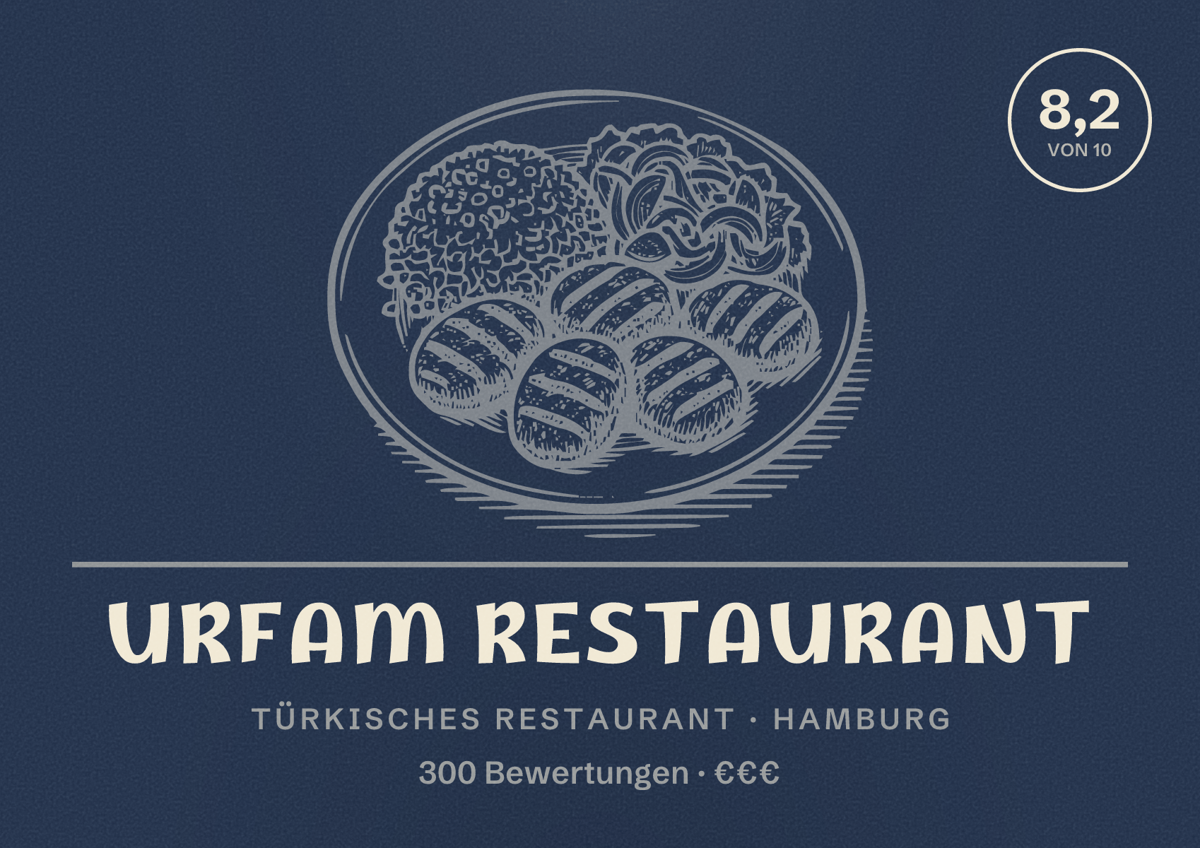 Illustriertes Poster von Urfam Restaurant, Türkisches Restaurant in Hamburg: Bewertung 8,2 von 10 aus 300 Bewertungen, Preisniveau €€€