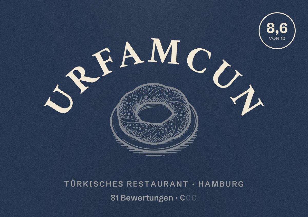 Illustriertes Poster von Urfamcun, Türkisches Restaurant in Hamburg: Bewertung 8,6 von 10 aus 81 Bewertungen, Preisniveau €