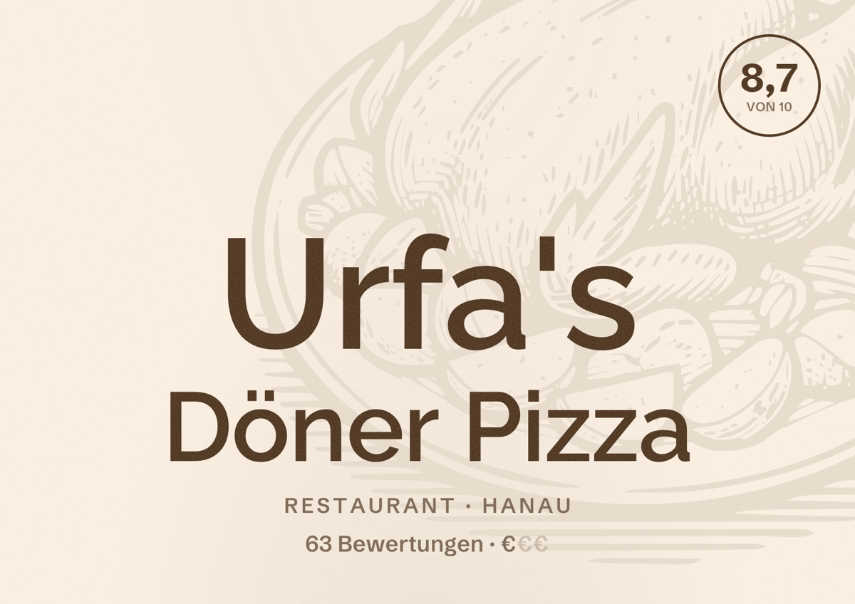 Illustriertes Poster von Urfa's Döner Pizza, Restaurant in Hanau: Bewertung 8,7 von 10 aus 63 Bewertungen, Preisniveau €