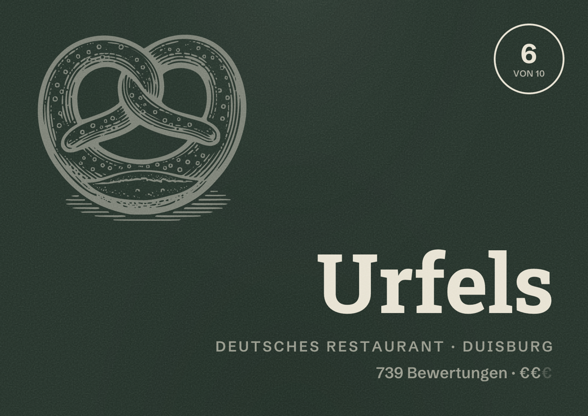 Illustriertes Poster von Urfels, Deutsches Restaurant in Duisburg: Bewertung 6 von 10 aus 739 Bewertungen, Preisniveau €€