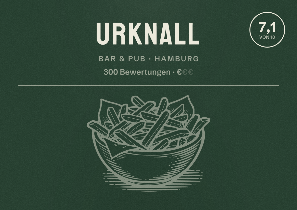 Illustriertes Poster von Urknall, Bar & Pub in Hamburg: Bewertung 7,1 von 10 aus 300 Bewertungen, Preisniveau €