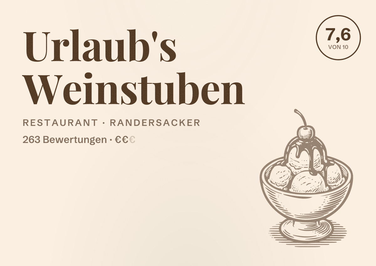 Illustriertes Poster von Urlaub's Weinstuben, Restaurant in Randersacker: Bewertung 7,6 von 10 aus 263 Bewertungen, Preisniveau €€