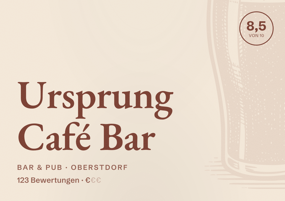 Illustriertes Poster von Ursprung Café Bar, Bar & Pub in Oberstdorf: Bewertung 8,5 von 10 aus 123 Bewertungen, Preisniveau €