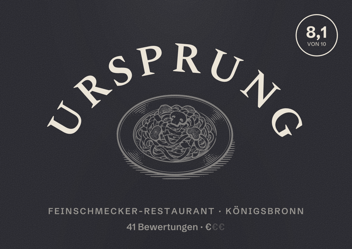Illustriertes Poster von Ursprung, Feinschmecker-Restaurant in Königsbronn: Bewertung 8,1 von 10 aus 41 Bewertungen, Preisniveau €