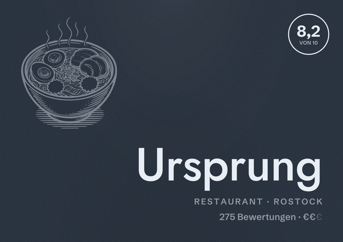 Illustriertes Poster von Ursprung, Restaurant in Rostock: Bewertung 8,2 von 10 aus 275 Bewertungen, Preisniveau €€