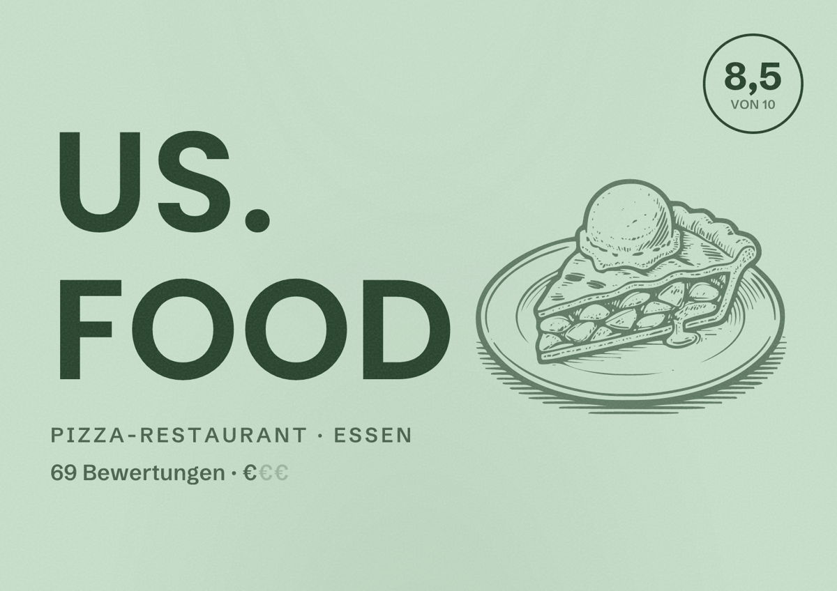 Illustriertes Poster von US. Food, Pizza-Restaurant in Essen: Bewertung 8,5 von 10 aus 69 Bewertungen, Preisniveau €