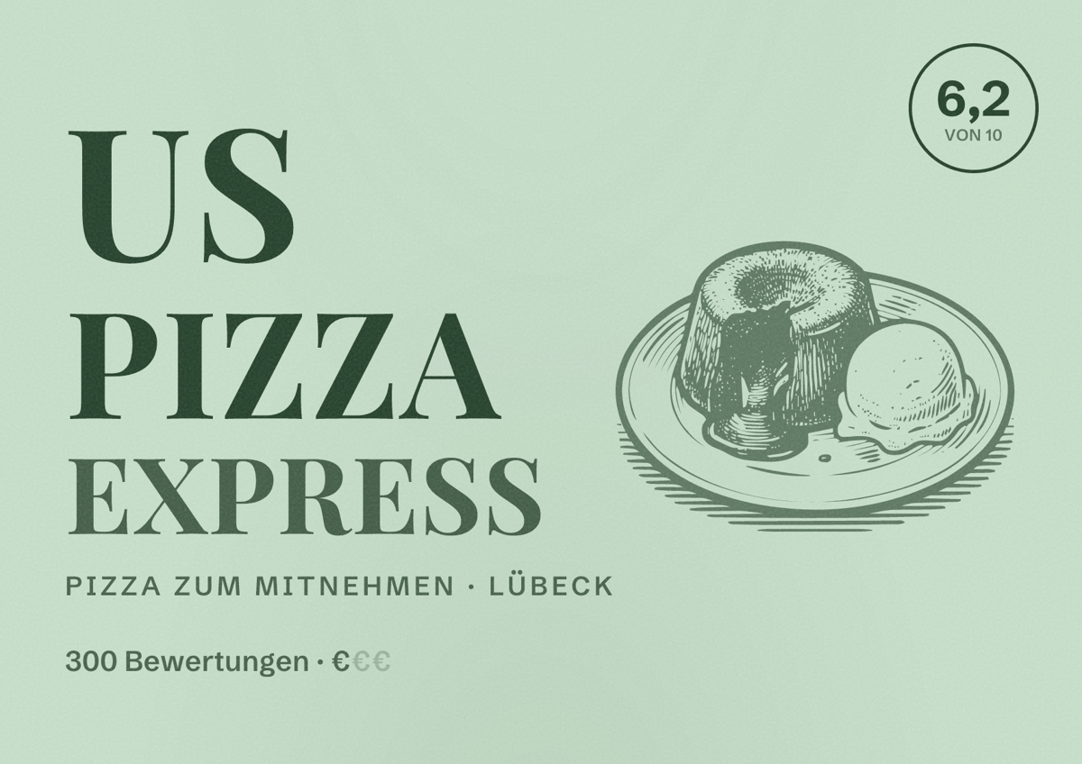 Illustriertes Poster von US Pizza Express, Pizza zum Mitnehmen in Lübeck: Bewertung 6,2 von 10 aus 300 Bewertungen, Preisniveau €