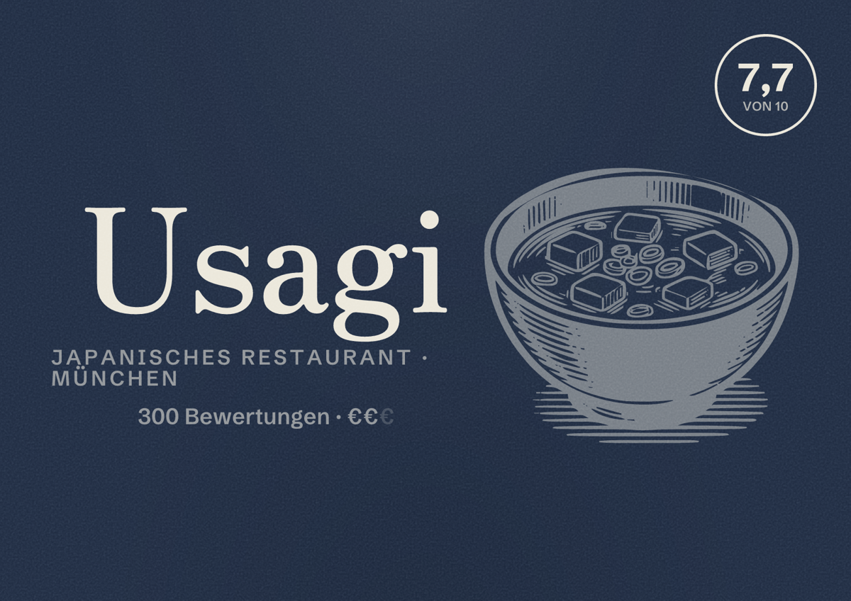 Illustriertes Poster von Usagi, Japanisches Restaurant in München: Bewertung 7,7 von 10 aus 300 Bewertungen, Preisniveau €€