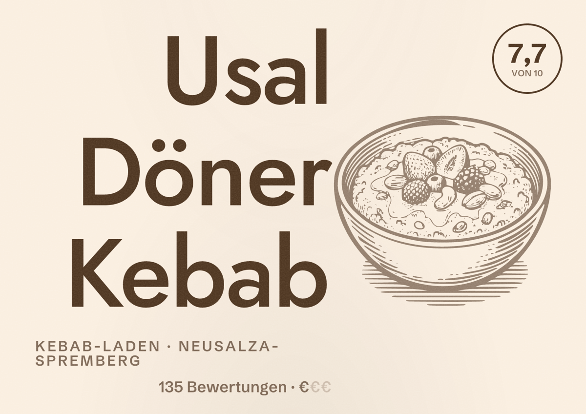Illustriertes Poster von Usal Döner Kebab, Kebab-Laden in Neusalza-Spremberg: Bewertung 7,7 von 10 aus 135 Bewertungen, Preisniveau €