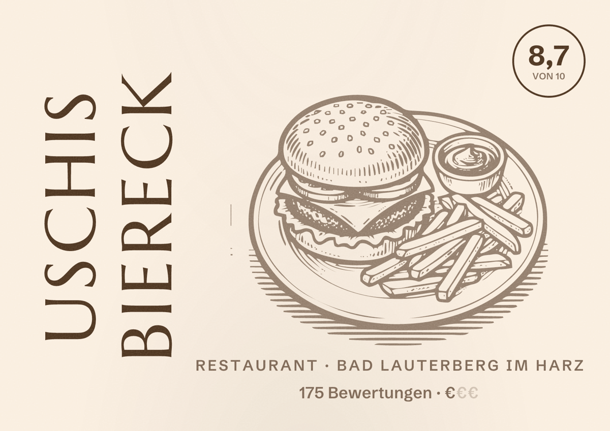 Illustriertes Poster von Uschis Biereck, Restaurant in Bad Lauterberg im Harz: Bewertung 8,7 von 10 aus 175 Bewertungen, Preisniveau €