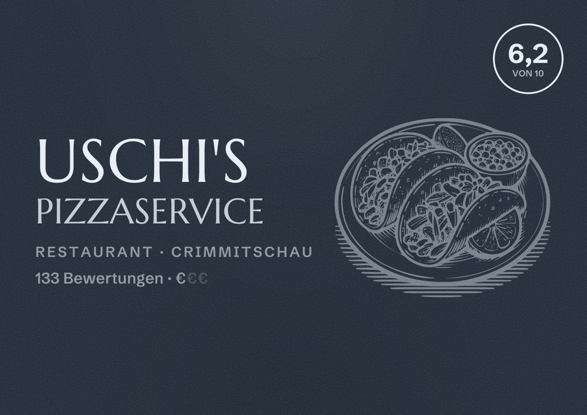 Illustriertes Poster von Uschi's Pizzaservice, Restaurant in Crimmitschau: Bewertung 6,2 von 10 aus 133 Bewertungen, Preisniveau €
