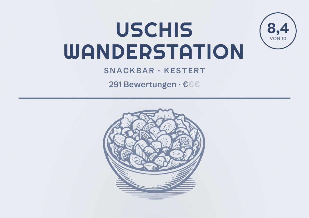 Illustriertes Poster von Uschis Wanderstation, Snackbar in Kestert: Bewertung 8,4 von 10 aus 291 Bewertungen, Preisniveau €