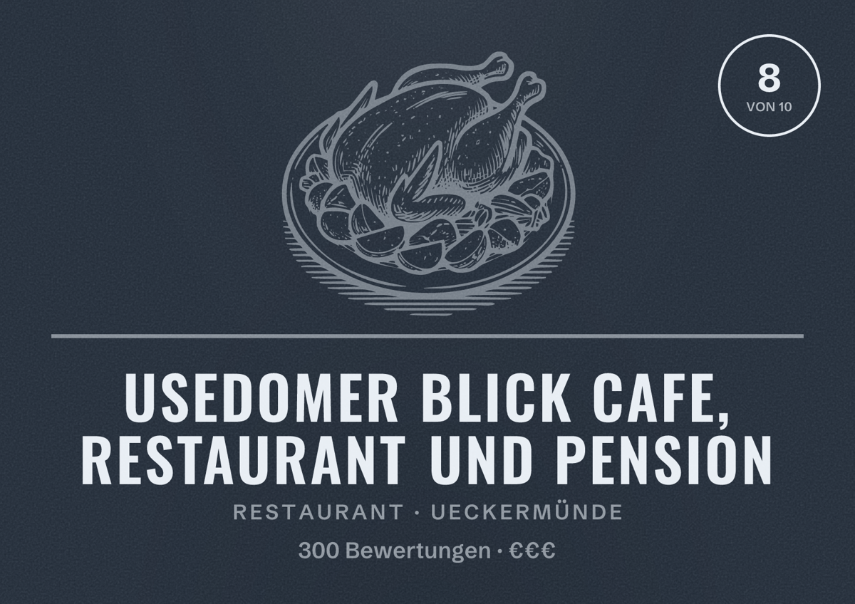 Illustriertes Poster von Usedomer Blick Cafe, Restaurant und Pension, Restaurant in Ueckermünde: Bewertung 8 von 10 aus 300 Bewertungen, Preisniveau €€€