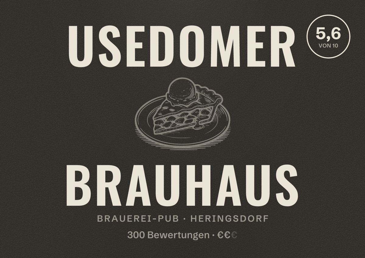 Illustriertes Poster von Usedomer Brauhaus, Brauerei-Pub in Heringsdorf: Bewertung 5,6 von 10 aus 300 Bewertungen, Preisniveau €€