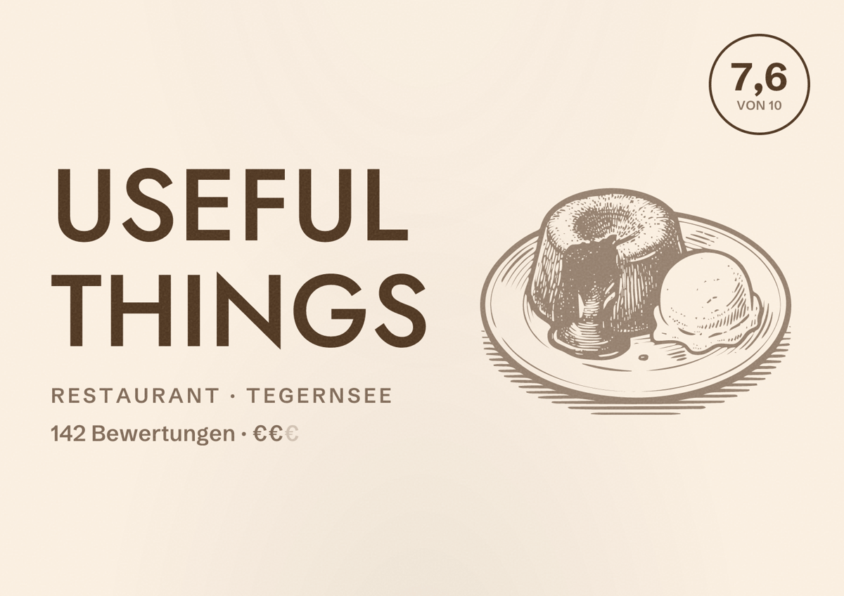 Illustriertes Poster von Useful Things, Restaurant in Tegernsee: Bewertung 7,6 von 10 aus 142 Bewertungen, Preisniveau €€