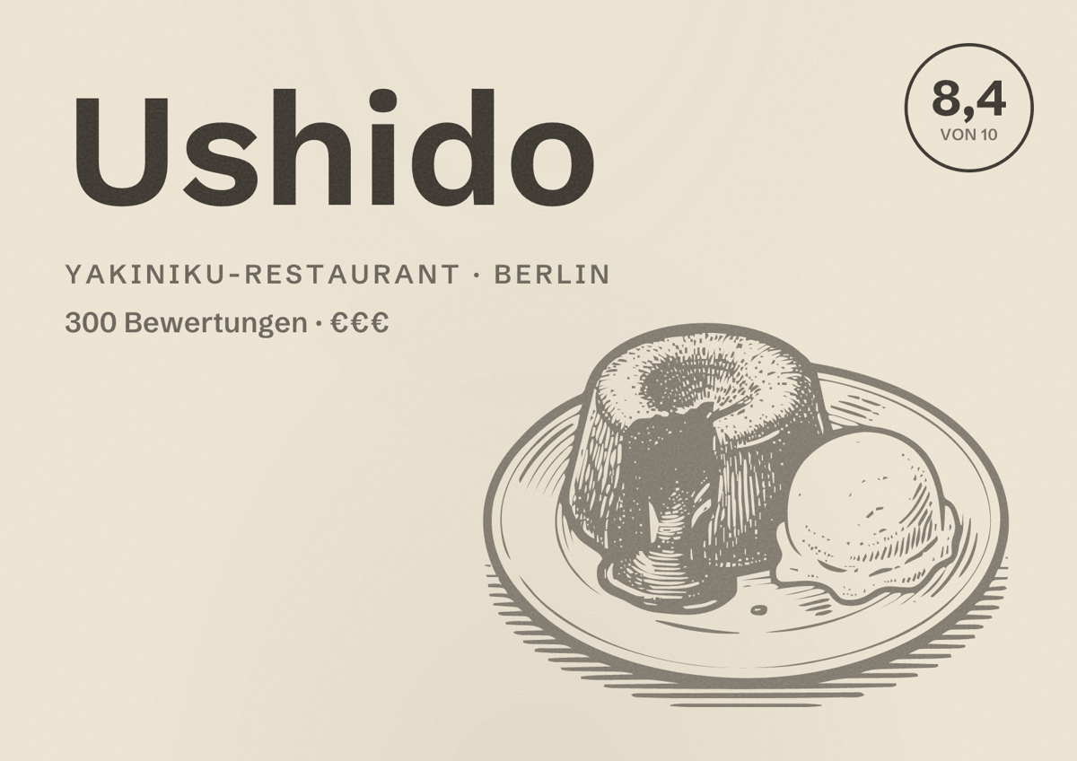 Illustriertes Poster von Ushido, Yakiniku-Restaurant in Berlin: Bewertung 8,4 von 10 aus 300 Bewertungen, Preisniveau €€€