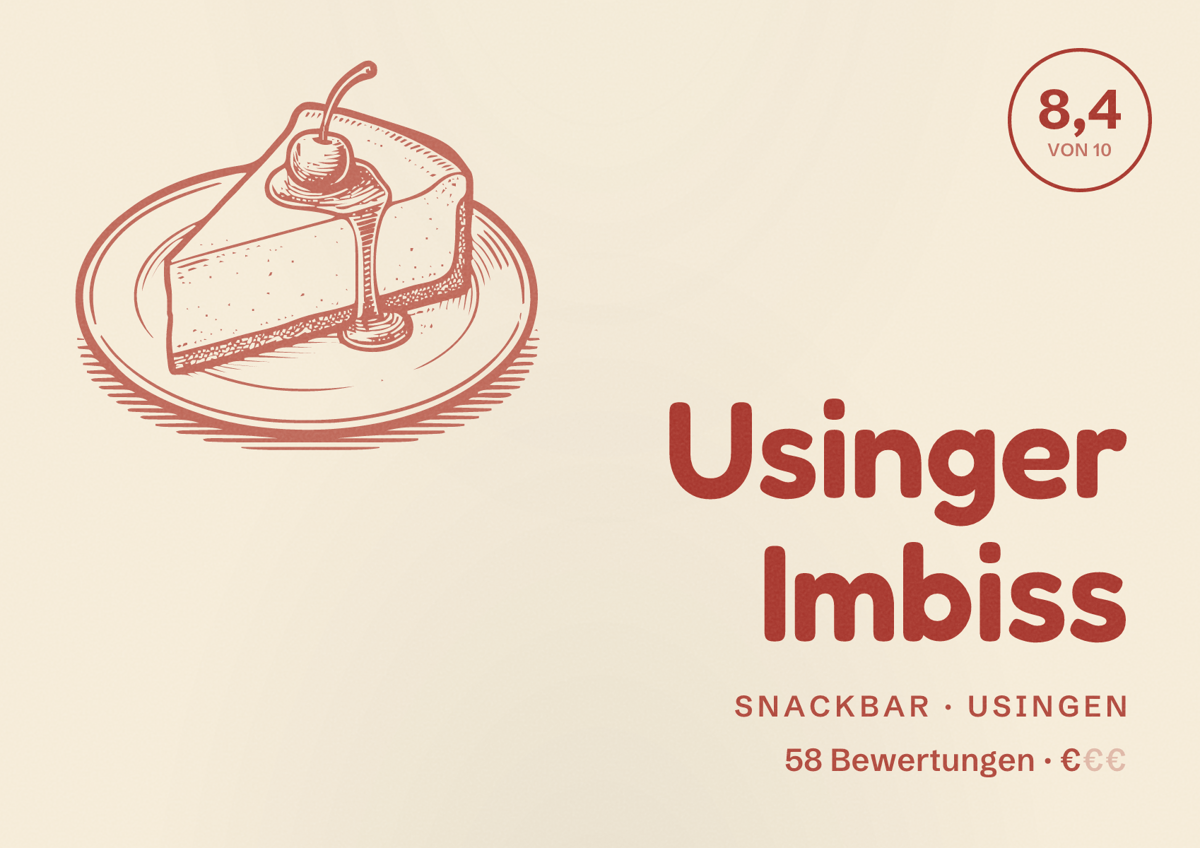 Illustriertes Poster von Usinger Imbiss, Snackbar in Usingen: Bewertung 8,4 von 10 aus 58 Bewertungen, Preisniveau €