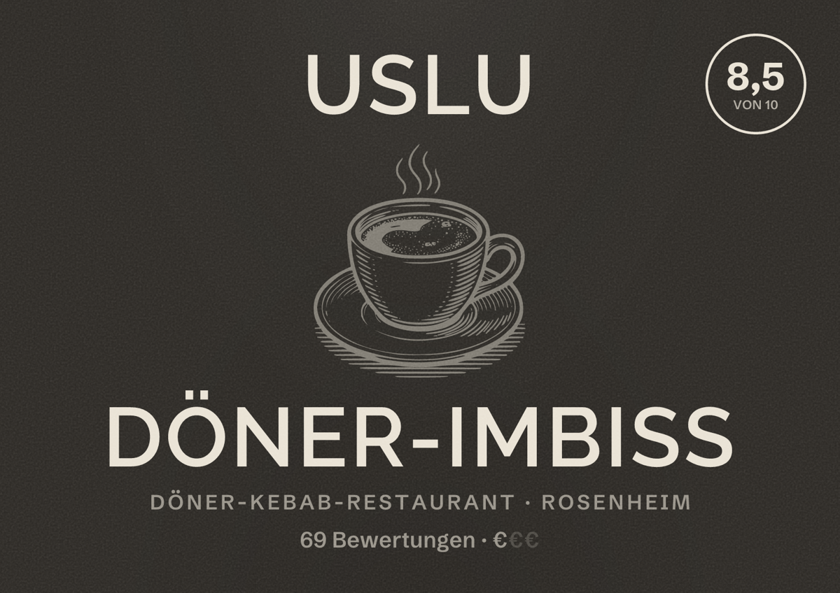 Illustriertes Poster von Uslu Döner-Imbiss, Döner-Kebab-Restaurant in Rosenheim: Bewertung 8,5 von 10 aus 69 Bewertungen, Preisniveau €