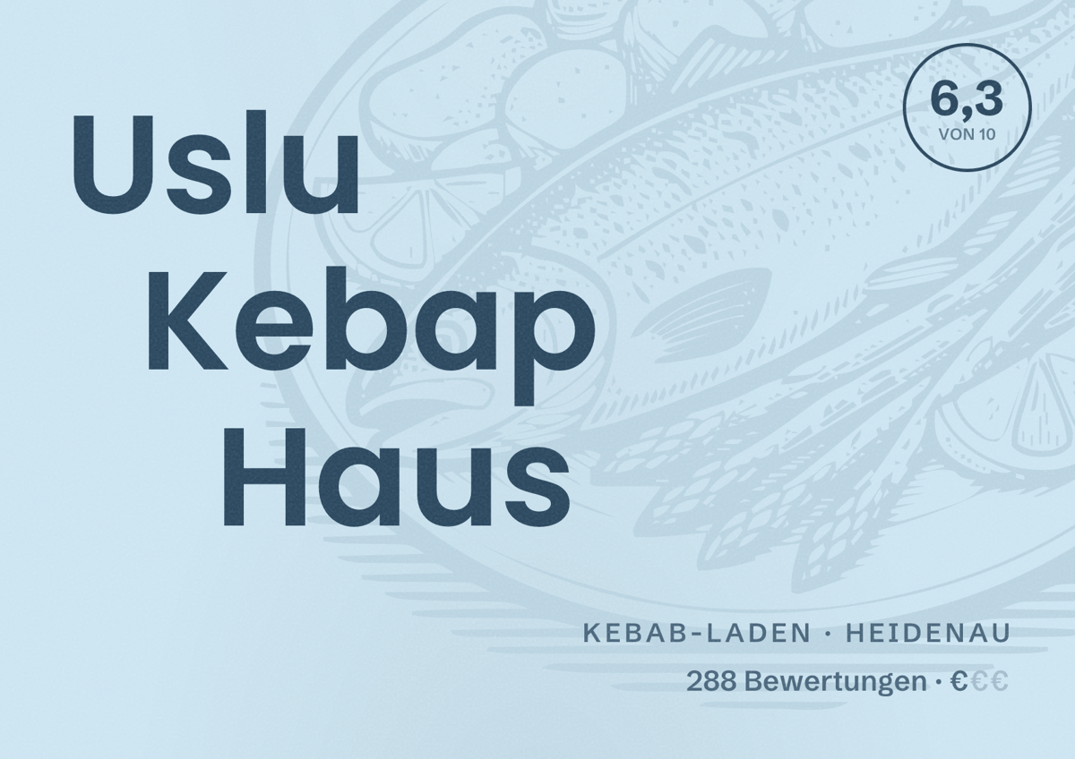 Illustriertes Poster von Uslu Kebap Haus, Kebab-Laden in Heidenau: Bewertung 6,3 von 10 aus 288 Bewertungen, Preisniveau €