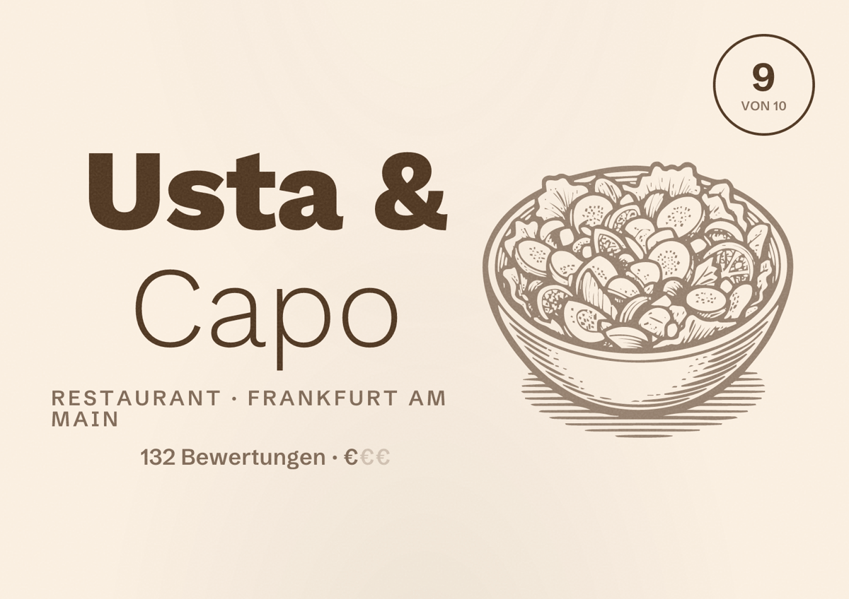 Illustriertes Poster von Usta & Capo, Restaurant in Frankfurt am Main: Bewertung 9,0 von 10 aus 132 Bewertungen, Preisniveau €